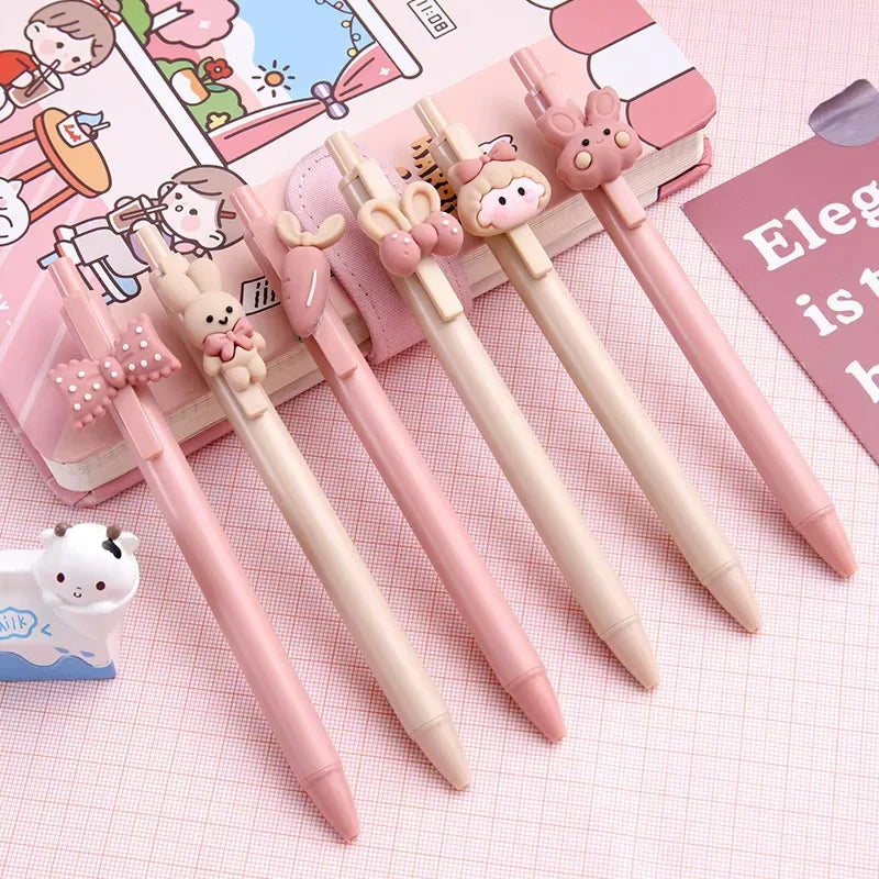 5Pcs/set Cute Sweet Pink Girl and Rabbit Gel Pen Cartoon Press Pen 0.5mm Black Ink School Supplies Stationery Kawaii Funny Pens