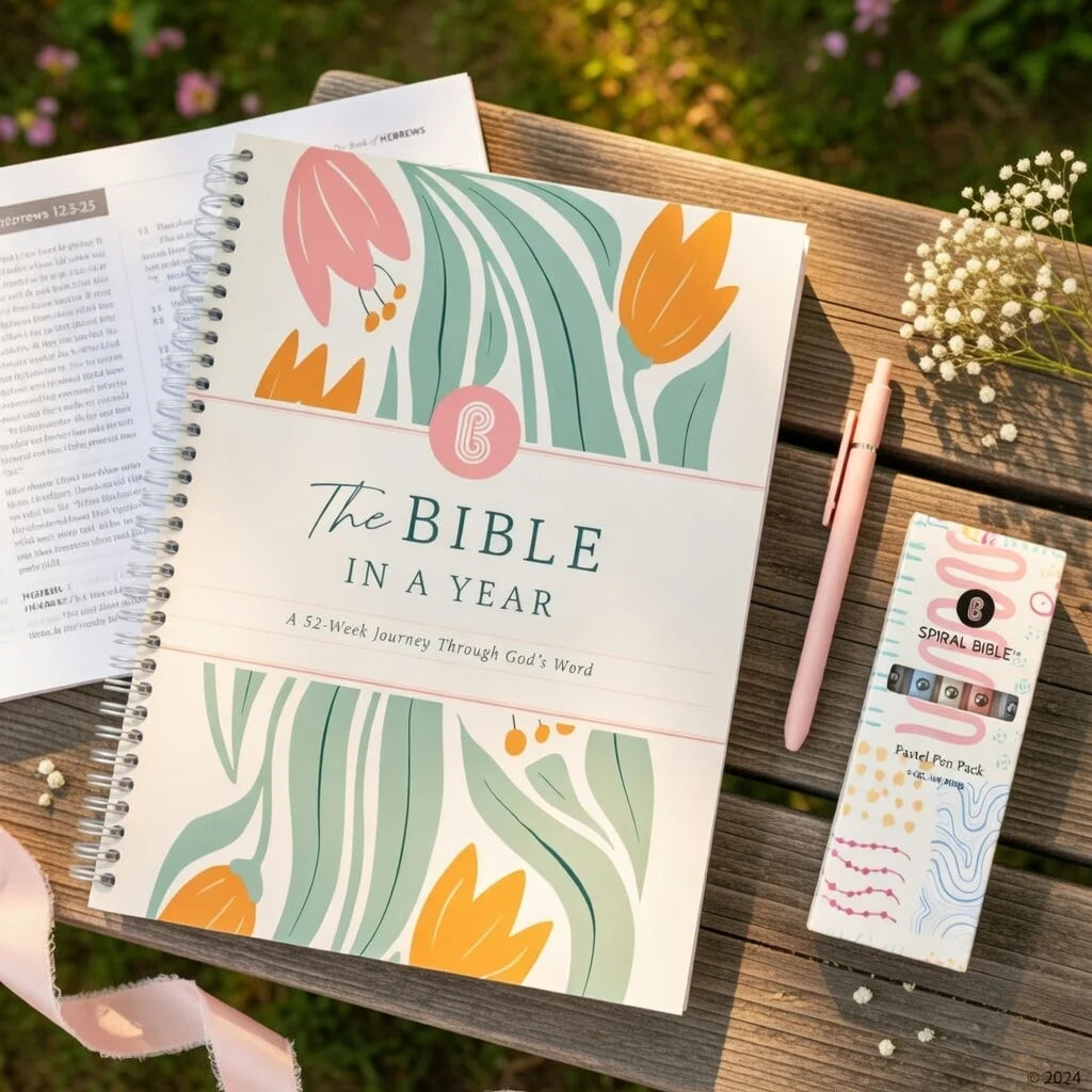 1/2-Set A5 "Bible in a Year: 52-Week Study Spiral Notebook" with Guide, Women's Bible Study Plan, Holiday Gift