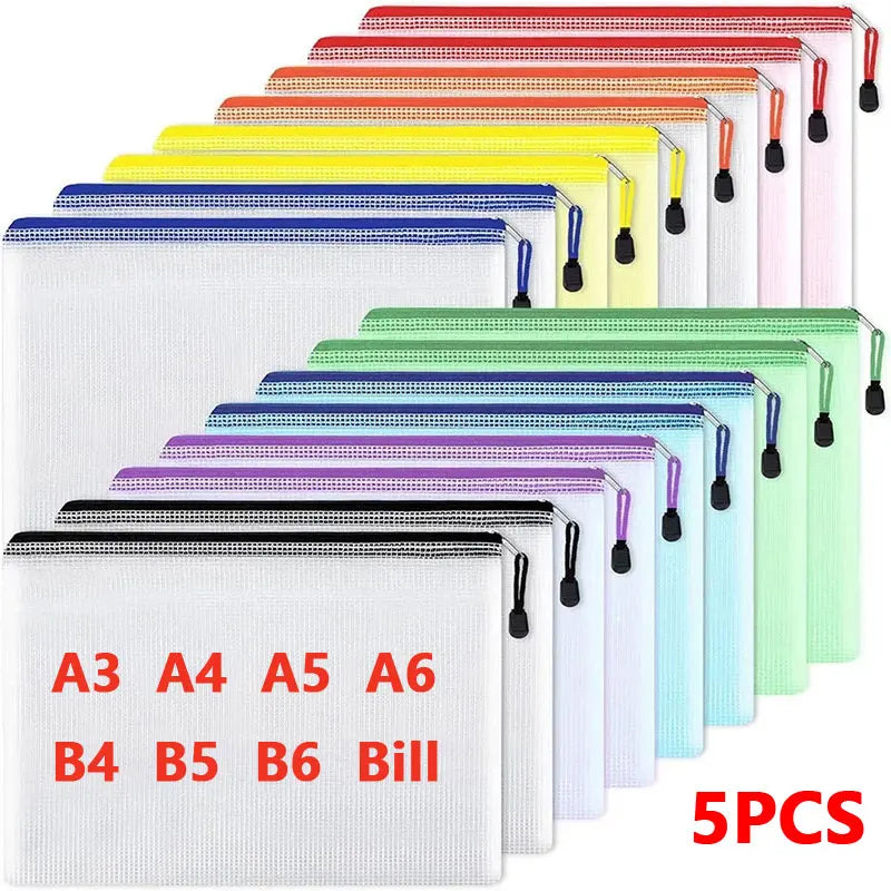 5PCS Stationery Storage Folder File Mesh Zipper Pouch A3 A4 A5 A6 B4 B5 Document Bag Zip File Folder School Office Supplies
